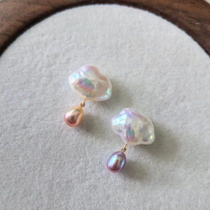 Handmade Freshwater Baroque Cloud Raindrops Irregular Stud Earrings，White Cloud Baroque with Purple Raindrop Pearl，Cute Creative Design, Perfect Unique Handmade Gift for Her